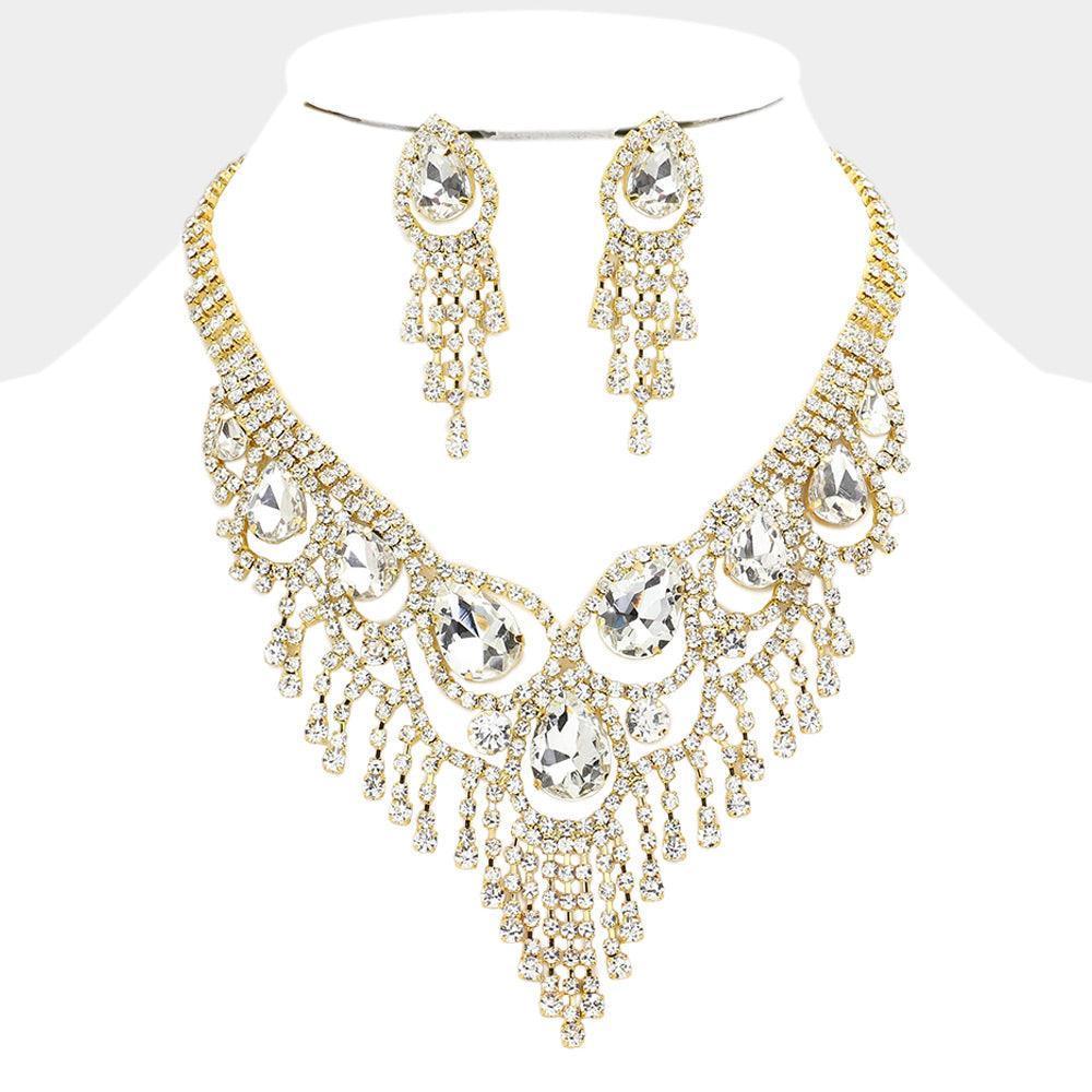 Gold Teardrop Stone Accented Fringe Evening Necklace - Jewelry Store by Erik Rayo