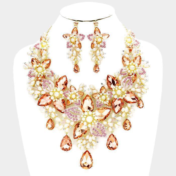 Peach Crystal Pearl Flower Vine Evening Necklace - Jewelry Store by Erik Rayo