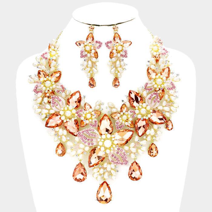 Peach Crystal Pearl Flower Vine Evening Necklace