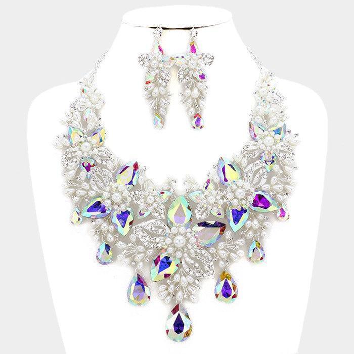 Silver Crystal Pearl Flower Vine Evening Necklace - Jewelry Store by Erik Rayo