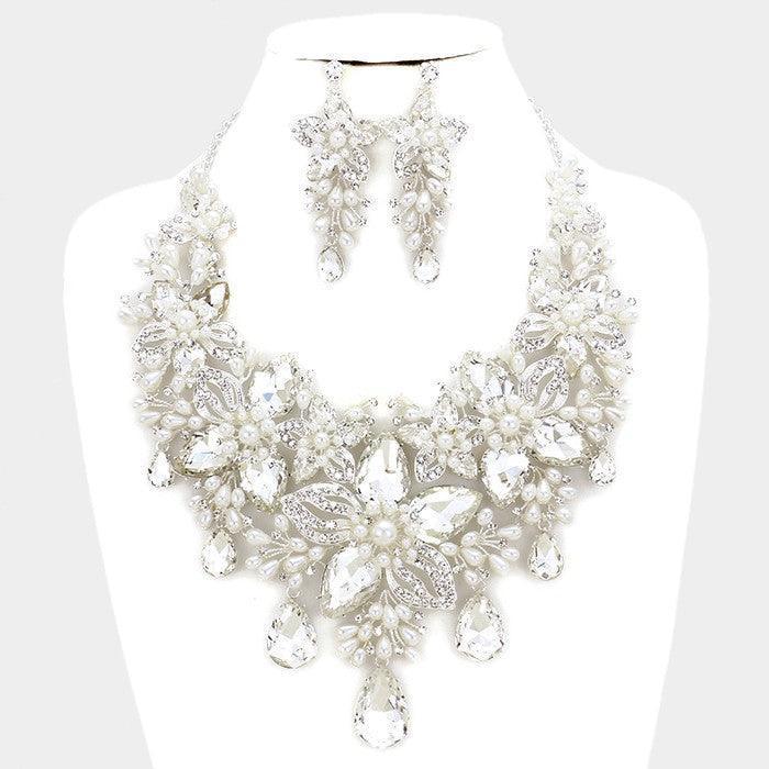 Silver Crystal Pearl Flower Vine Evening Necklace - Jewelry Store by Erik Rayo