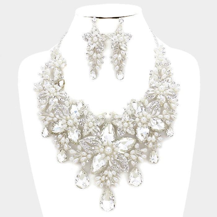 Silver Crystal Pearl Flower Vine Evening Necklace