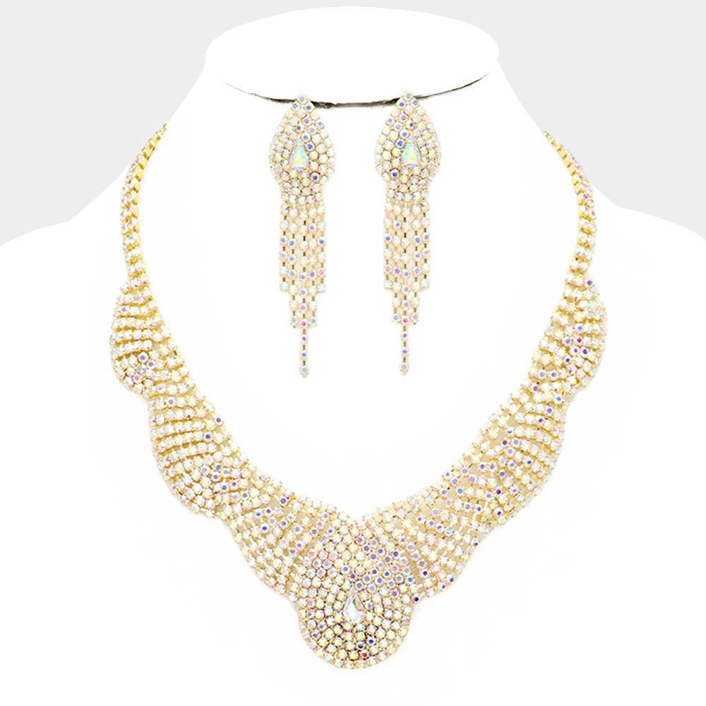 Gold Crystal Collar Evening Necklace Rhinestone Paved