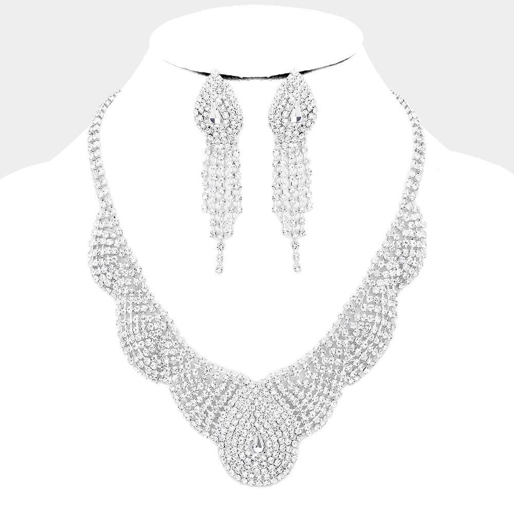 Silver Crystal Collar Evening Necklace Rhinestone Paved