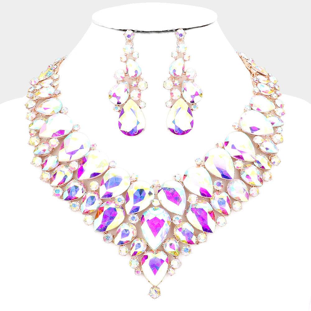 Rose Gold Teardrop Cluster Rhinestone Collar Necklace