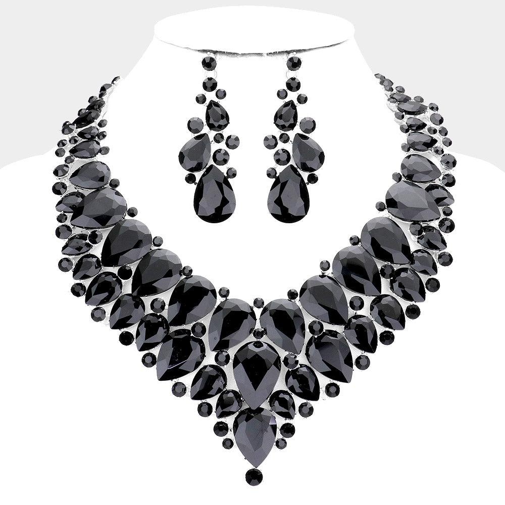 Black Teardrop Cluster Rhinestone Collar Necklace