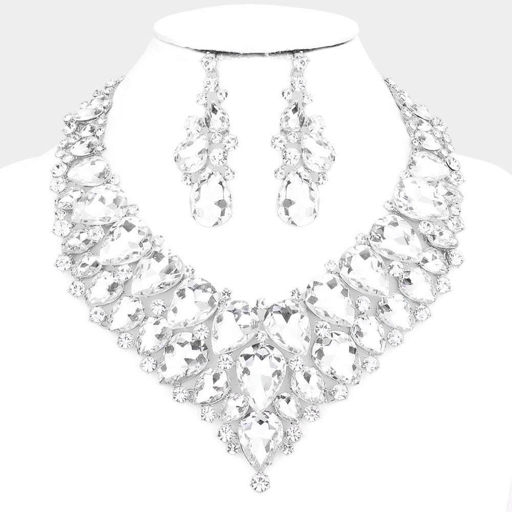 Silver Teardrop Cluster Rhinestone Collar Necklace