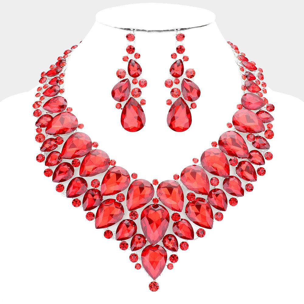 Red Teardrop Cluster Rhinestone Collar Necklace