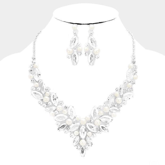 White Glass Crystal with Pearl Statement Evening Necklace - Jewelry Store by Erik Rayo