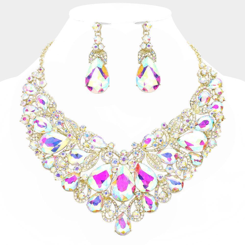Gold Leaf Teardrop Stone Cluster Evening Necklace - Jewelry Store by Erik Rayo