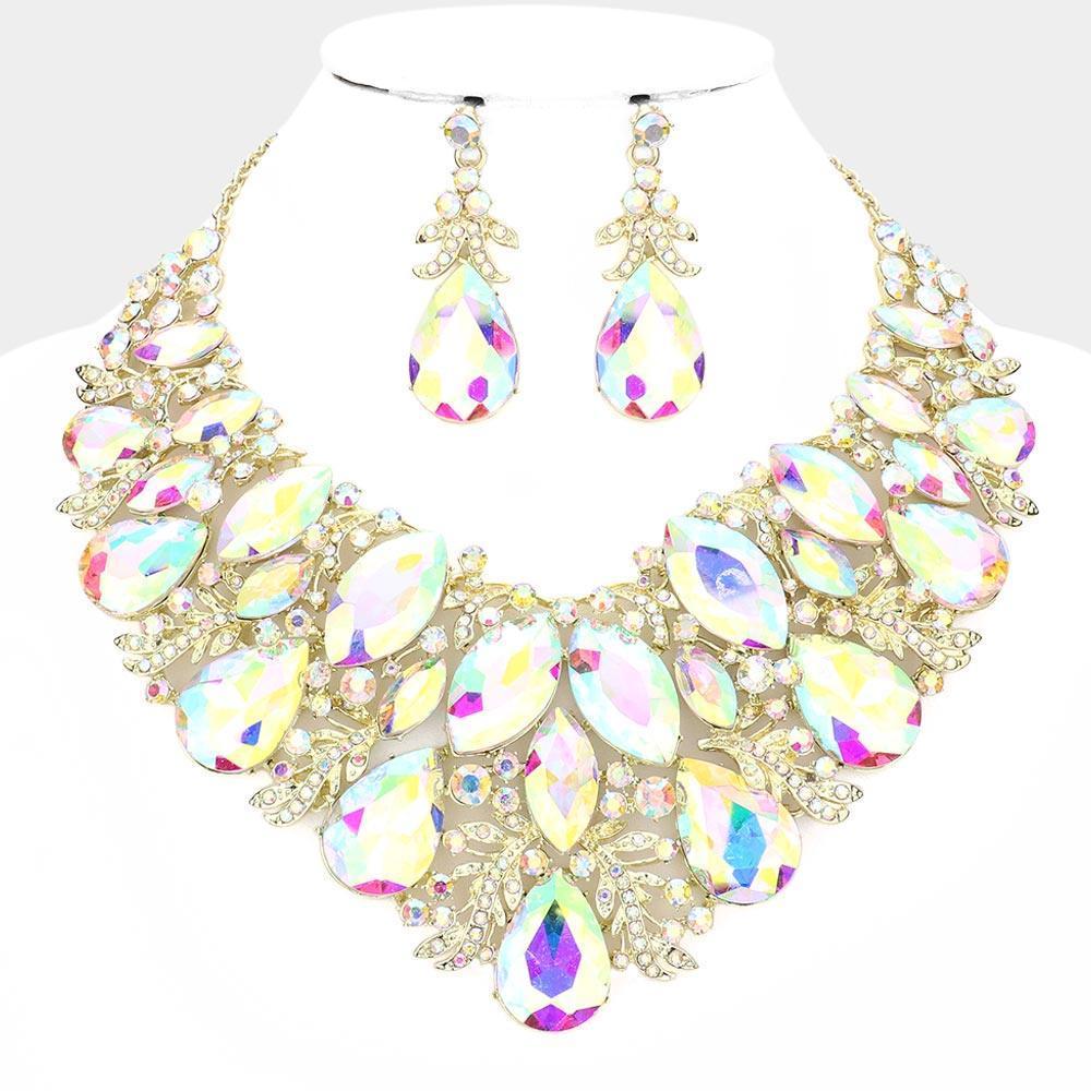 Gold Marquise Teardrop Stone Accented Leaf Evening Necklace - Jewelry Store by Erik Rayo