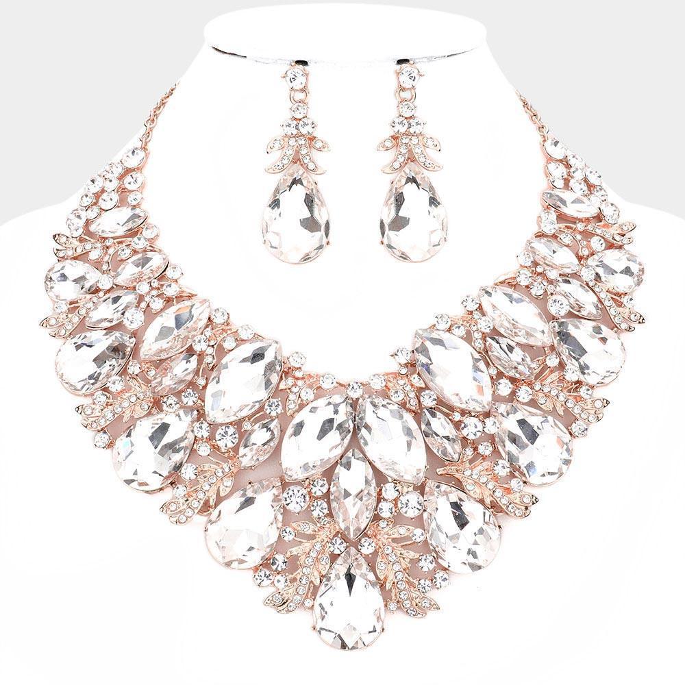 Rose Gold Marquise Teardrop Stone Accented Leaf Evening Necklace - Jewelry Store by Erik Rayo