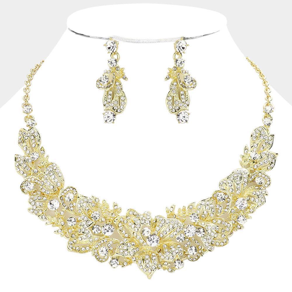 Gold Stone Embellished Flower Leaf Evening Necklace - Jewelry Store by Erik Rayo