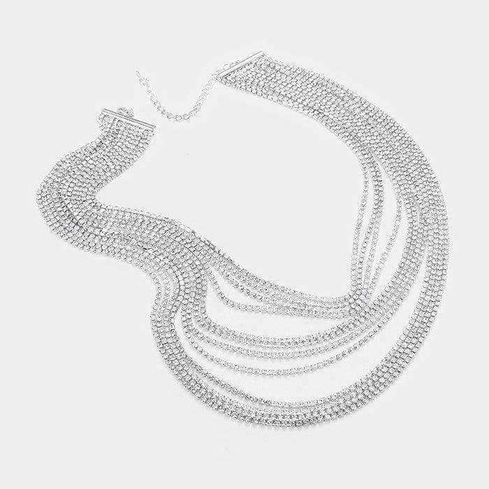 Silver Multi Layered Rhinestone Bib Evening Necklace - Jewelry Store by Erik Rayo