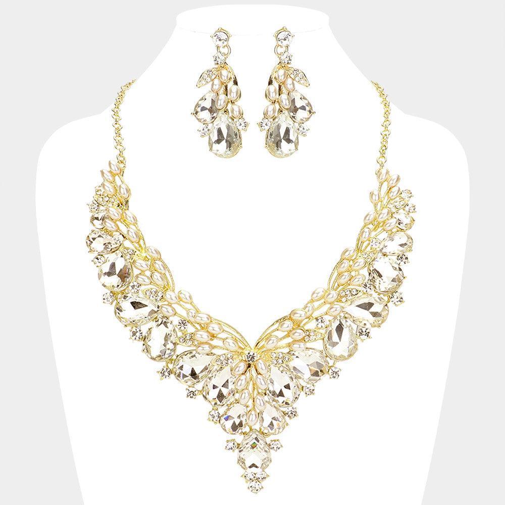 Cream Pearl Pointed Teardrop Stone Cluster Accented Evening Necklace - Jewelry Store by Erik Rayo