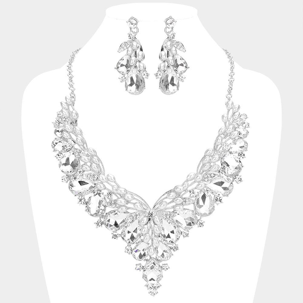 White Pearl Pointed Teardrop Stone Cluster Accented Evening Necklace