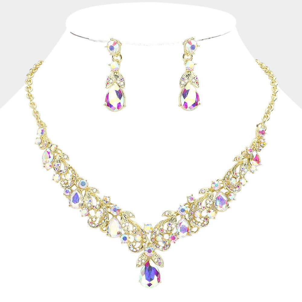 Gold Teardrop Stone Accented Leaf Cluster Evening Necklace - Jewelry Store by Erik Rayo