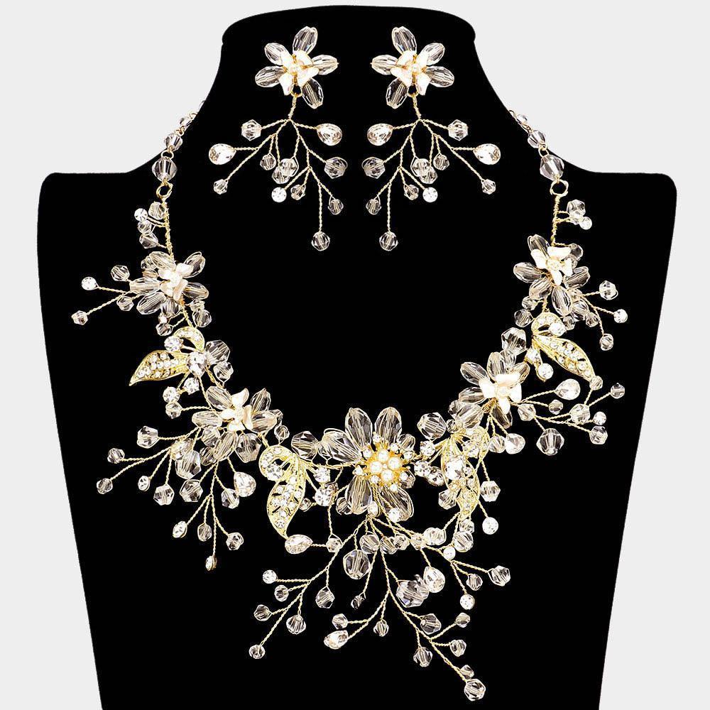 Gold Pearl Stone Bead Embellished Flower Leaf Evening Necklace - Jewelry Store by Erik Rayo