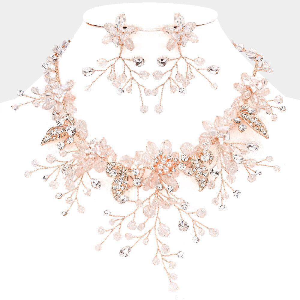 Gold Pearl Stone Bead Embellished Flower Leaf Evening Necklace - Jewelry Store by Erik Rayo