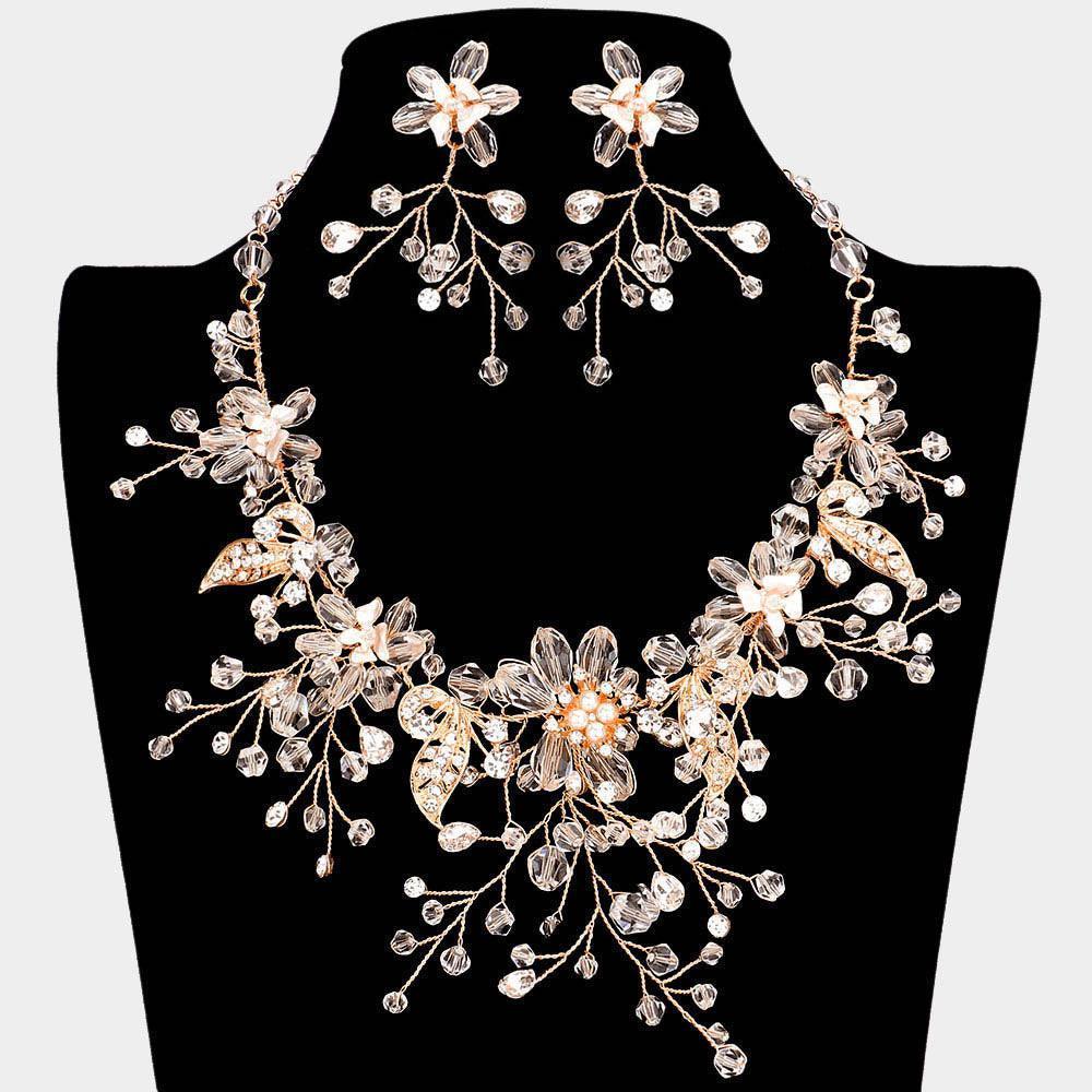 Gold Pearl Stone Bead Embellished Flower Leaf Evening Necklace - Jewelry Store by Erik Rayo