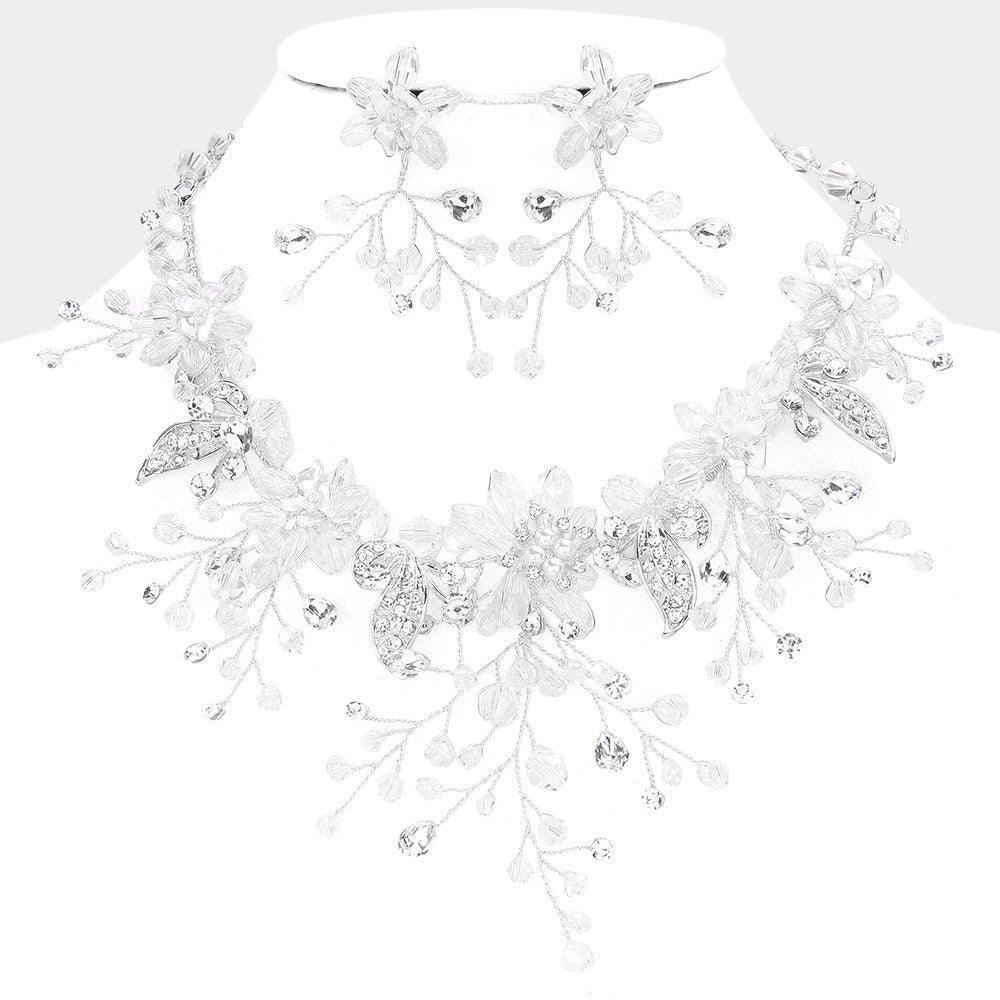 Silver Pearl Stone Bead Embellished Flower Leaf Evening Necklace - Jewelry Store by Erik Rayo