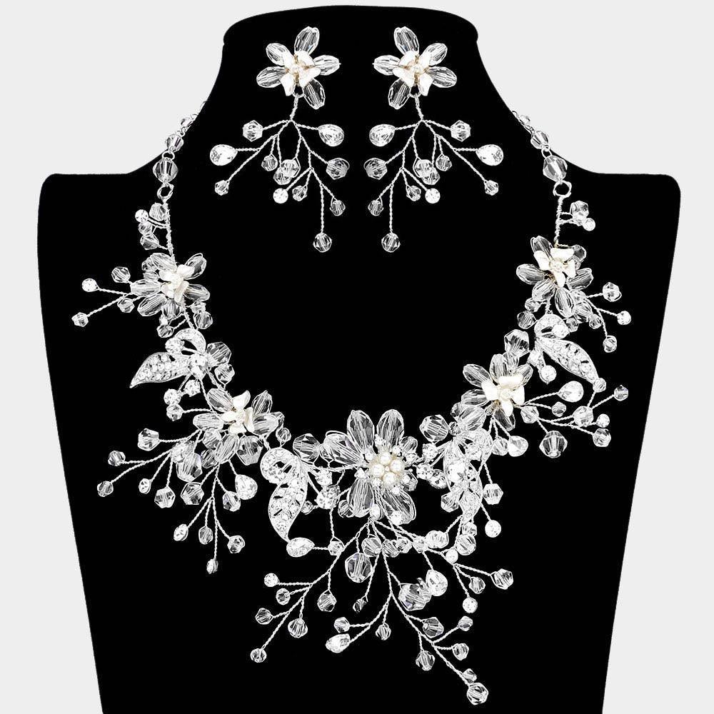 Silver Pearl Stone Bead Embellished Flower Leaf Evening Necklace - Jewelry Store by Erik Rayo