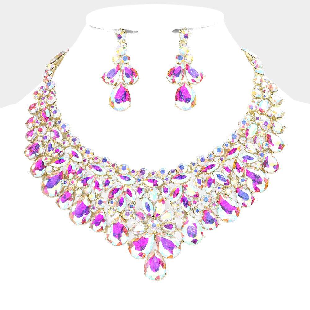 Gold Multi Stone Cluster Evening Necklace