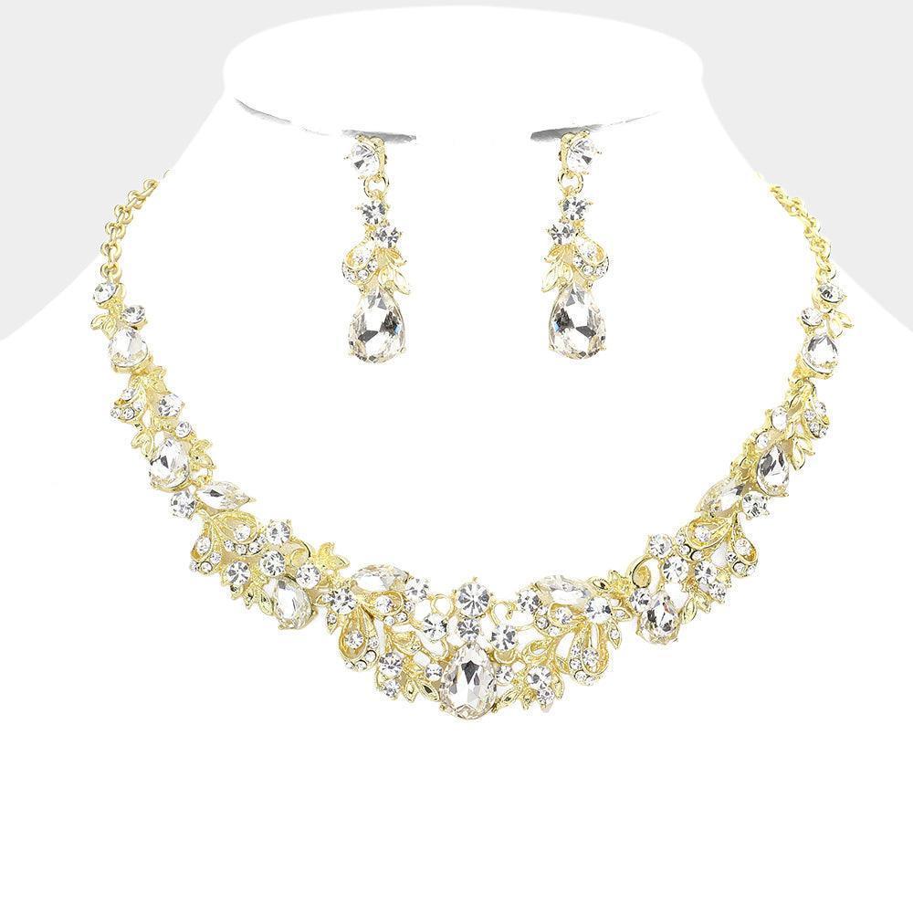 Gold Multi Stone Embellished Leaf Cluster Evening Necklace - Jewelry Store by Erik Rayo