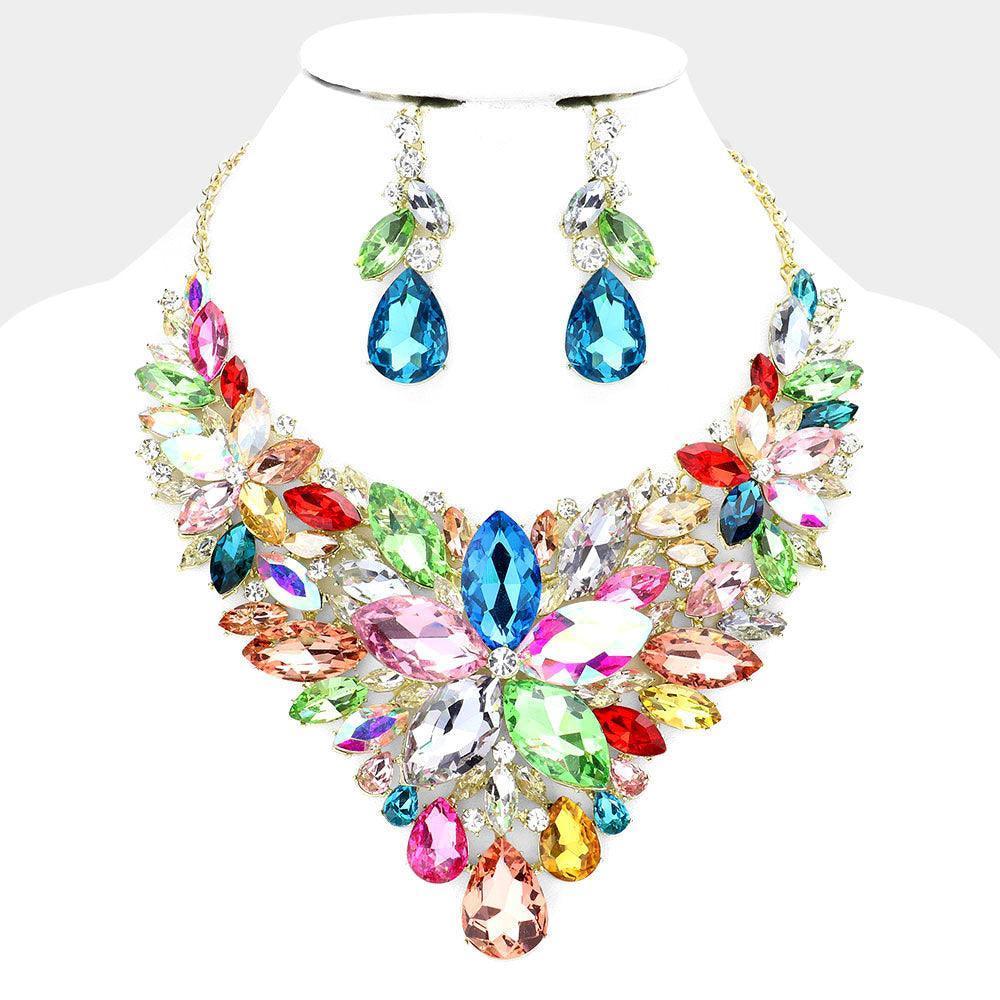 Gold Marquise Stone Flower Cluster Accented Evening Necklace - Jewelry Store by Erik Rayo
