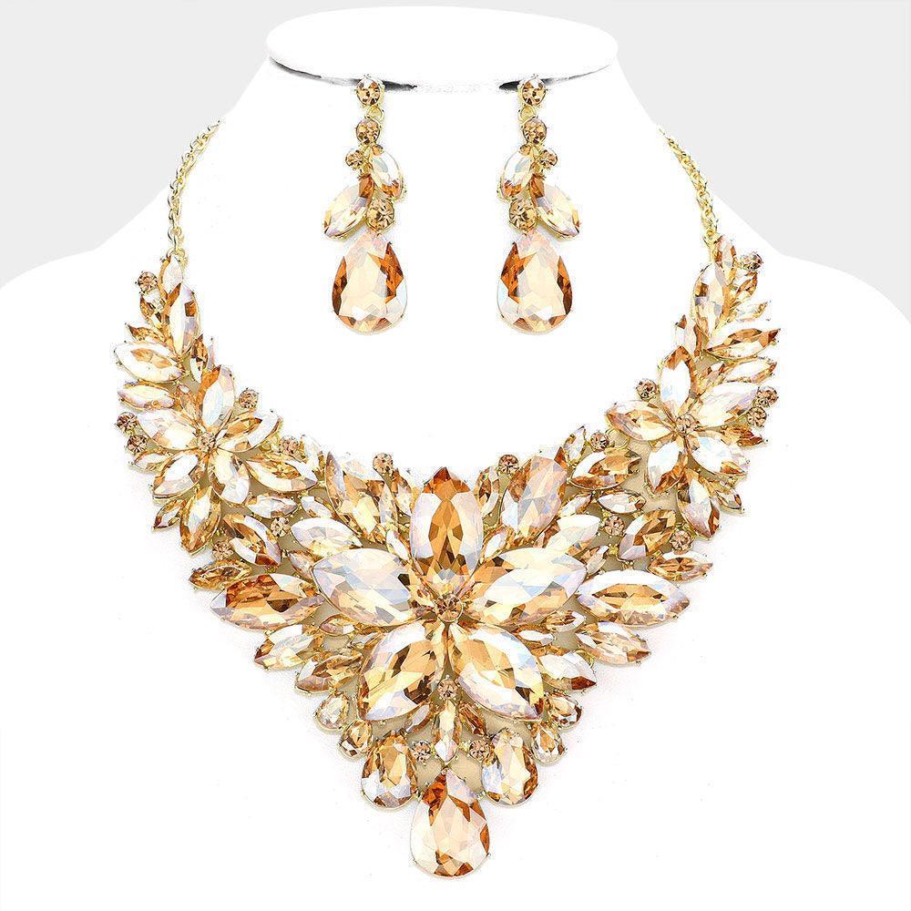 Gold Marquise Stone Flower Cluster Accented Evening Necklace - Jewelry Store by Erik Rayo