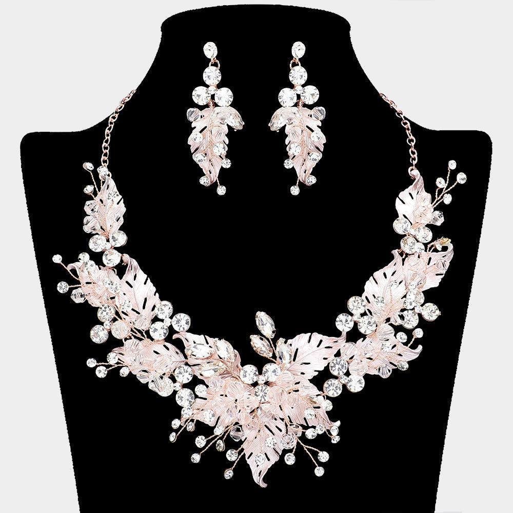 Pink Stone Bead Embellished Leaf Vine Evening Necklace - Jewelry Store by Erik Rayo