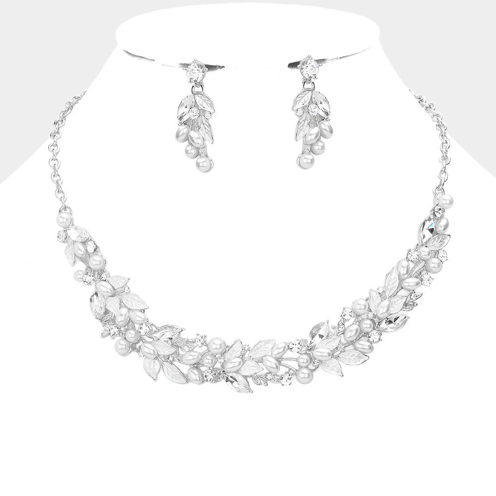 White Pearl Leaf Evening Necklace