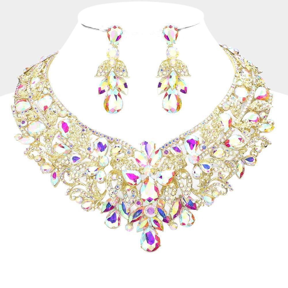 Gold Teardrop Stone Accented Leaf Evening Necklace - Jewelry Store by Erik Rayo