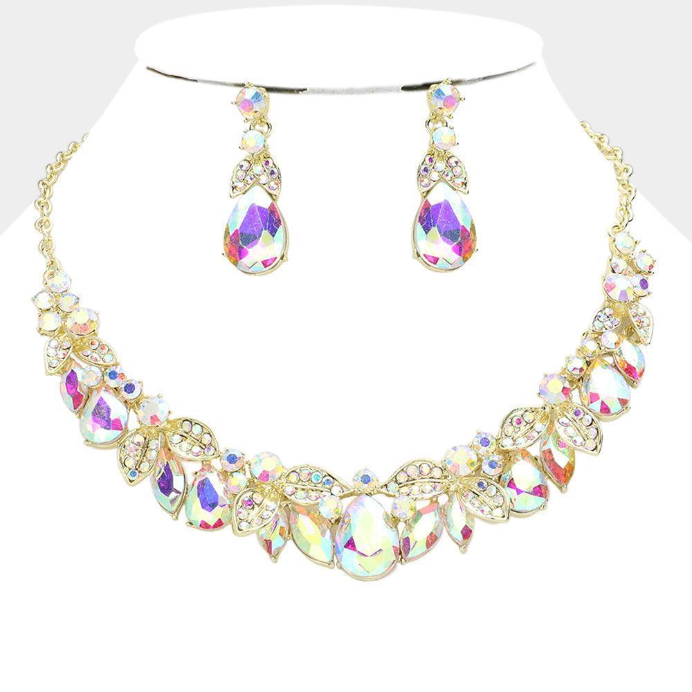 Gold Teardrop Marquise Leaf Glass Stone Evening Necklace - Jewelry Store by Erik Rayo