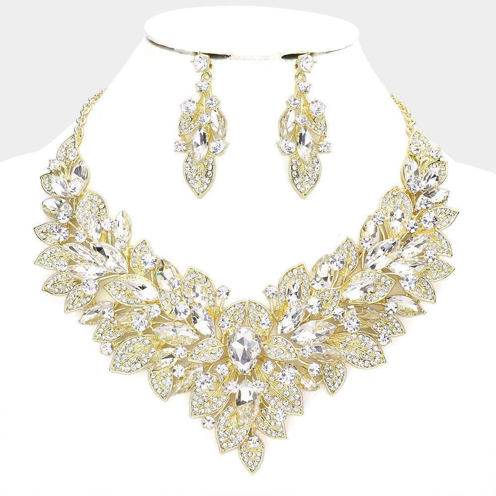 Gold Teardrop Marquise Stone Accented Leaf Cluster Evening Necklace - Jewelry Store by Erik Rayo