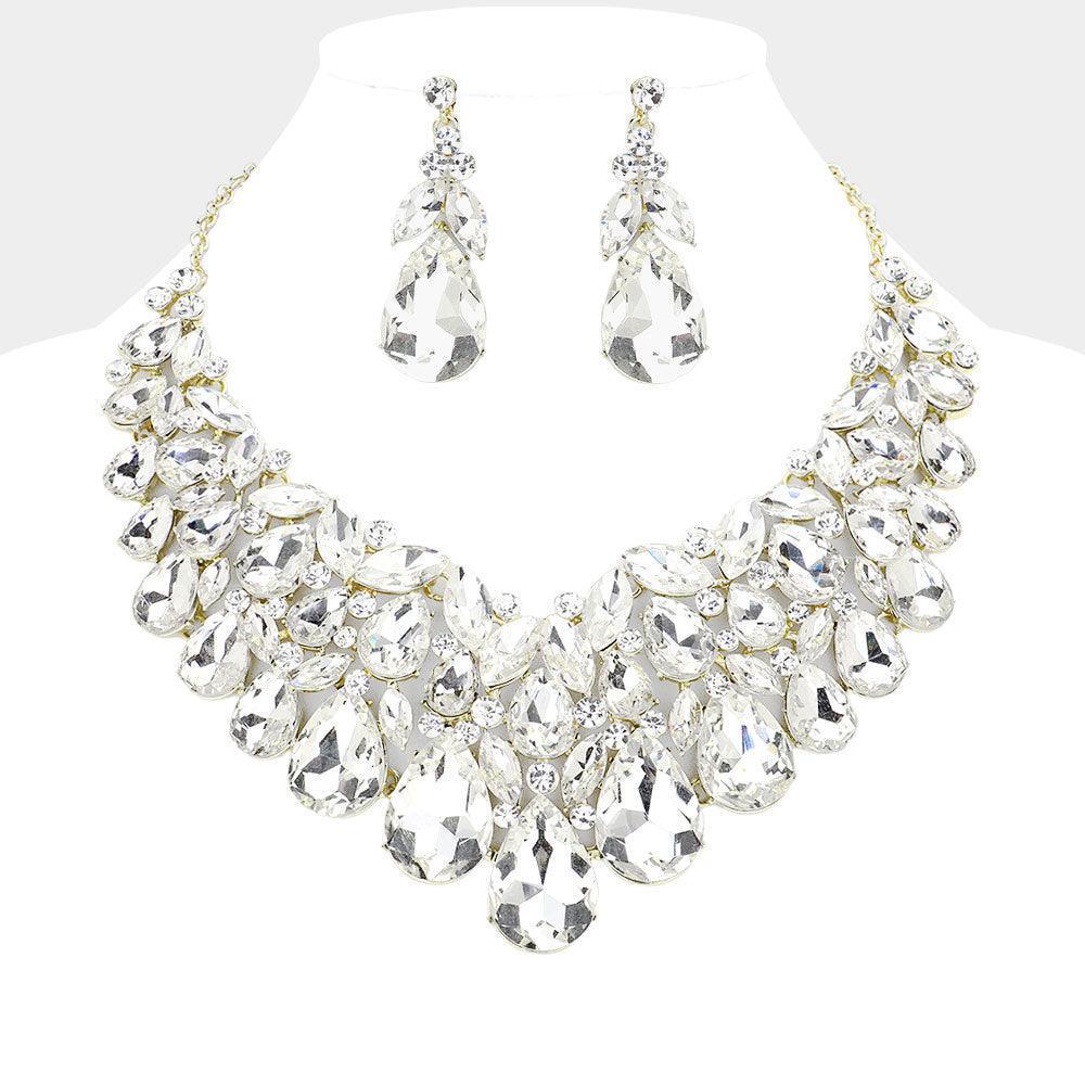 Gold Teardrop Stone Cluster Embellished Evening Necklace - Jewelry Store by Erik Rayo