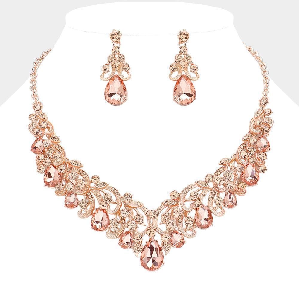 Gold Teardrop Stone Cluster Vine Embellished Evening Necklace Rhinestone Paved - Jewelry Store by Erik Rayo