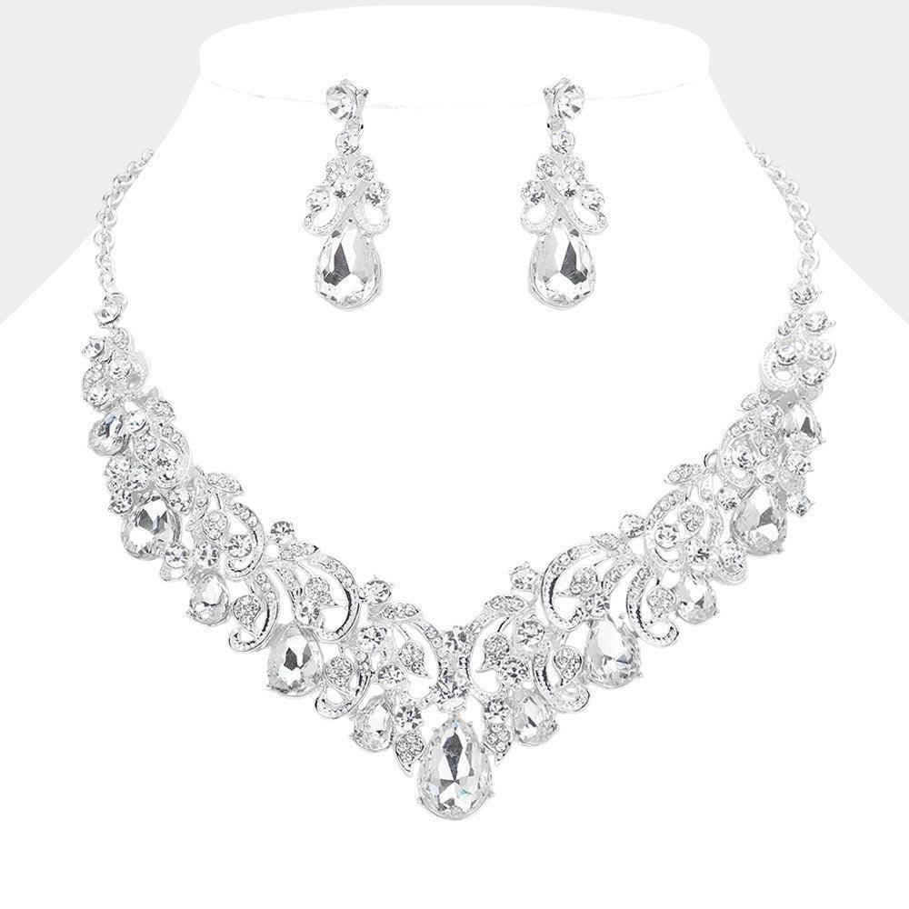 Silver Teardrop Stone Cluster Vine Embellished Evening Necklace Rhinestone Paved - Jewelry Store by Erik Rayo