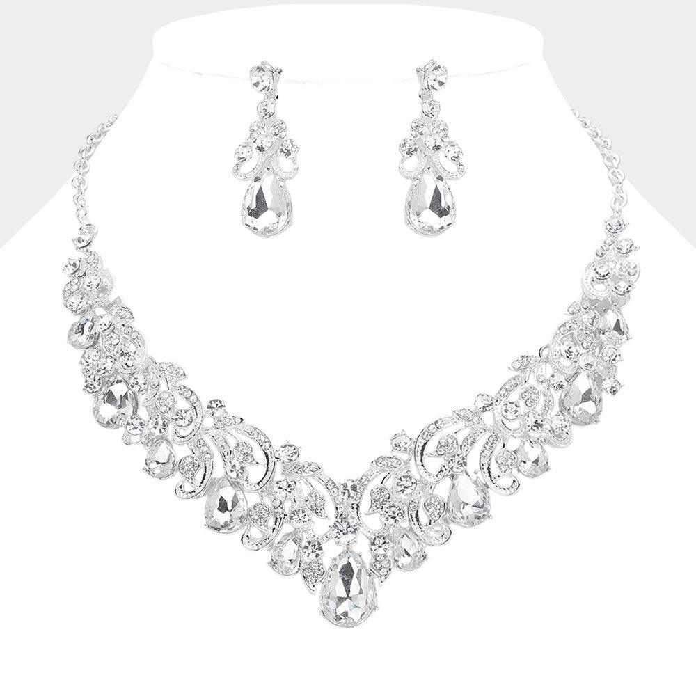 Silver Teardrop Stone Cluster Vine Embellished Evening Necklace Rhinestone Paved