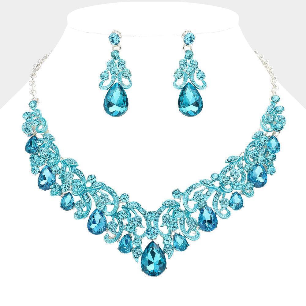 Silver Teardrop Stone Cluster Vine Embellished Evening Necklace Rhinestone Paved - Jewelry Store by Erik Rayo