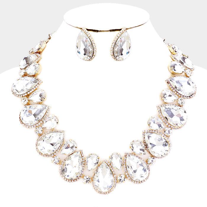 Gold Crystal Rhinestone Trim Teardrop Collar Evening Necklace