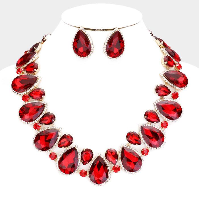 Gold Crystal Rhinestone Trim Teardrop Collar Evening Necklace