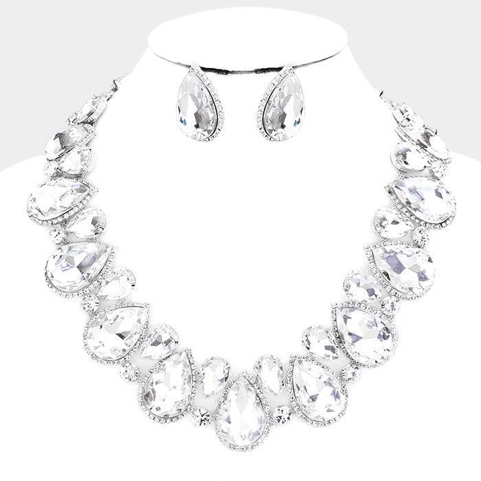 Clear Crystal Rhinestone Trim Teardrop Collar Evening Necklace