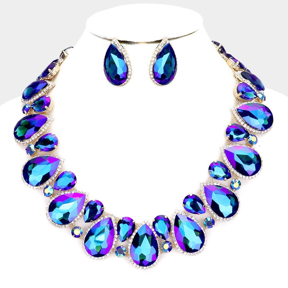 Gold Crystal Rhinestone Trim Teardrop Collar Evening Necklace