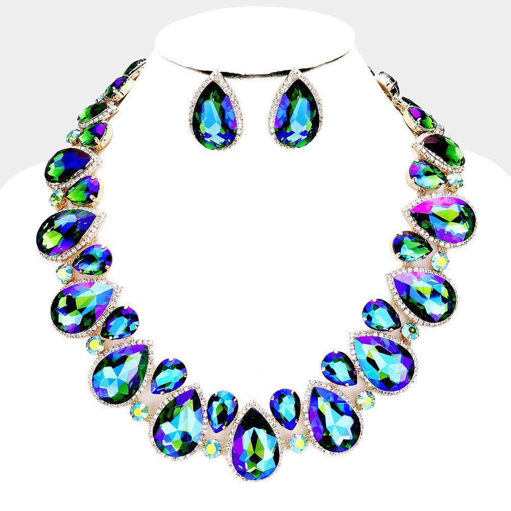 Green Crystal Rhinestone Trim Teardrop Collar Evening Necklace - Jewelry Store by Erik Rayo