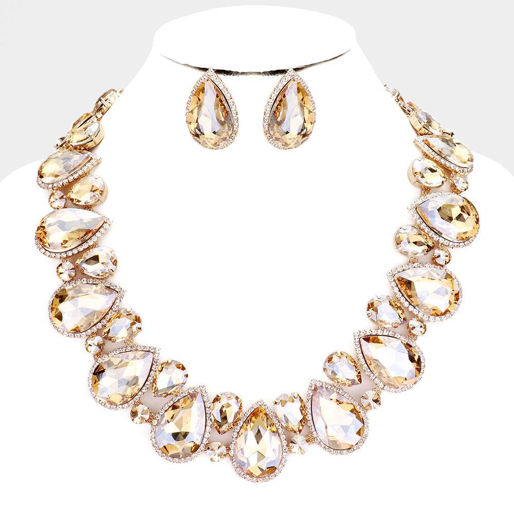 Gold Crystal Rhinestone Trim Teardrop Collar Evening Necklace