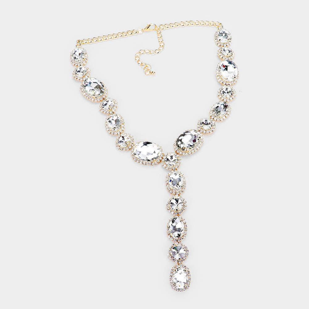 Gold Glass Crystal Rhinestone Y Evening Necklace - Jewelry Store by Erik Rayo