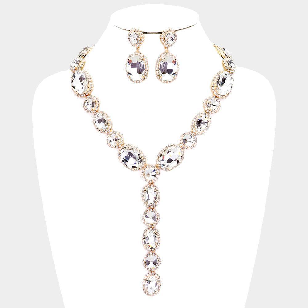 Gold Glass Crystal Rhinestone Y Evening Necklace - Jewelry Store by Erik Rayo