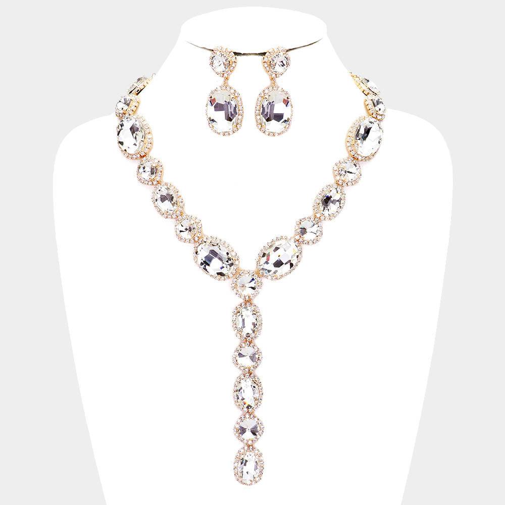 Gold Glass Crystal Rhinestone Y Evening Necklace