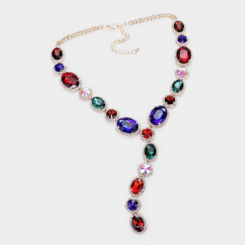 Gold Glass Crystal Rhinestone Y Evening Necklace - Jewelry Store by Erik Rayo